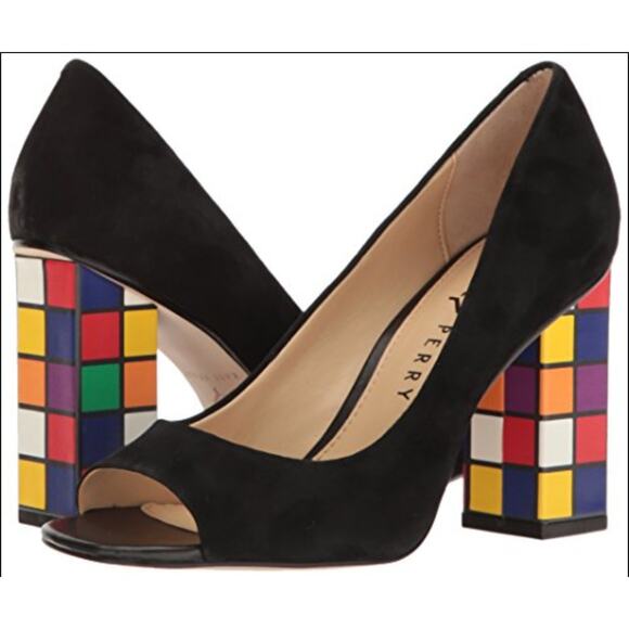 Katy Perry "Catie" Rubik's Cube Heeled Open Toe Pumps Size 6 Black Suede - Picture 1 of 7